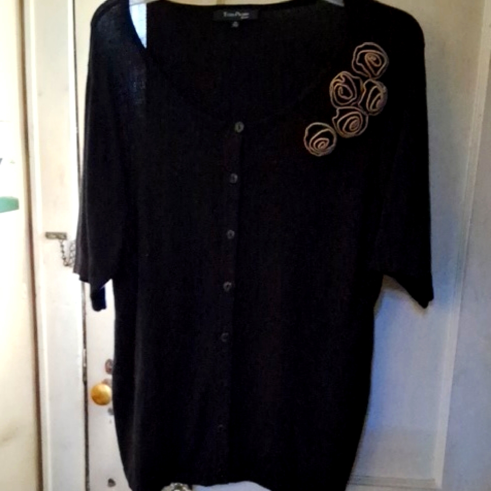 Evan-Picone Women's Black Button-Up Cardigan with Gold Floral Detail